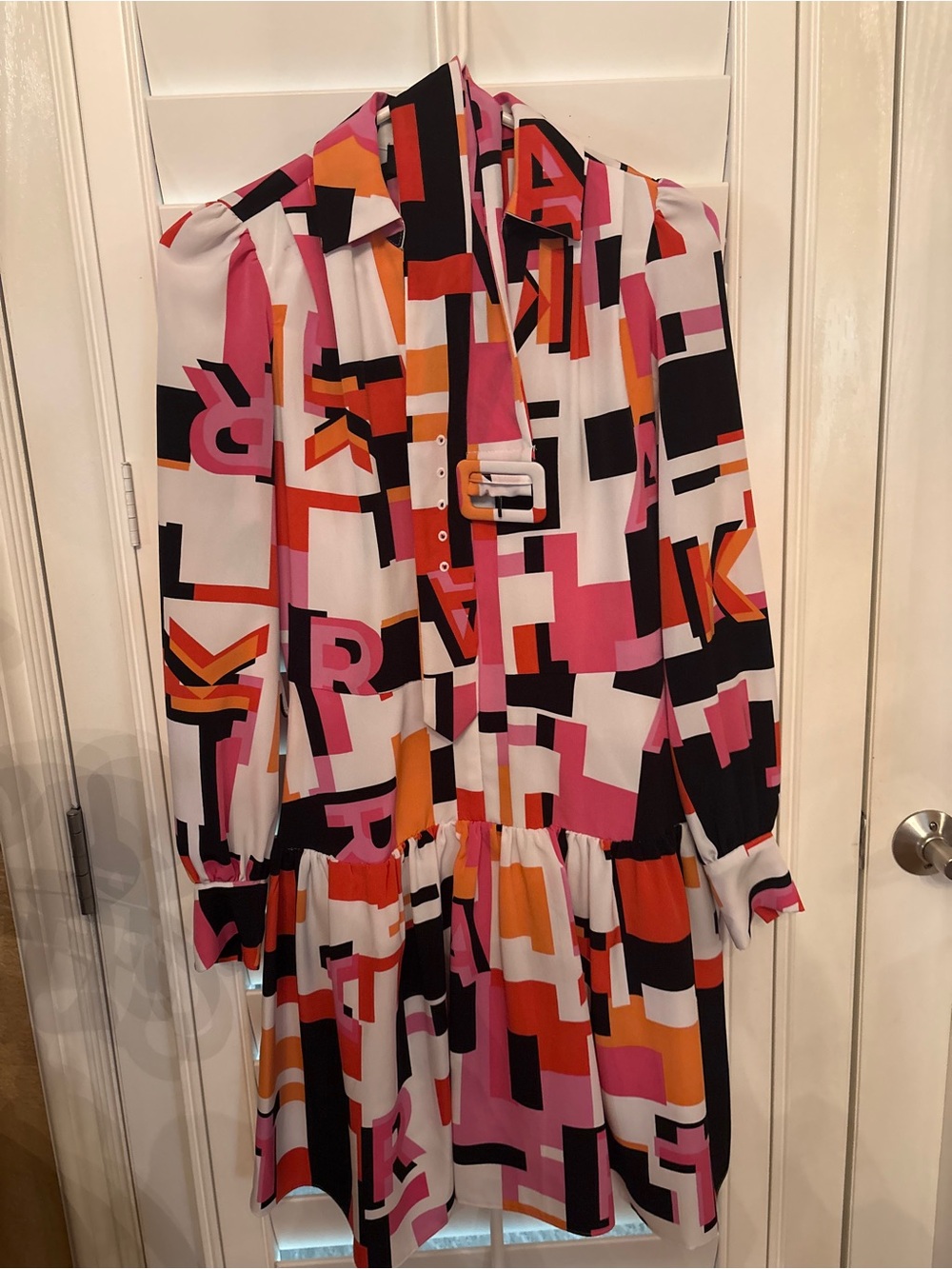 Abstract Print Long-Sleeve Tiered Dress in Pink & Orange